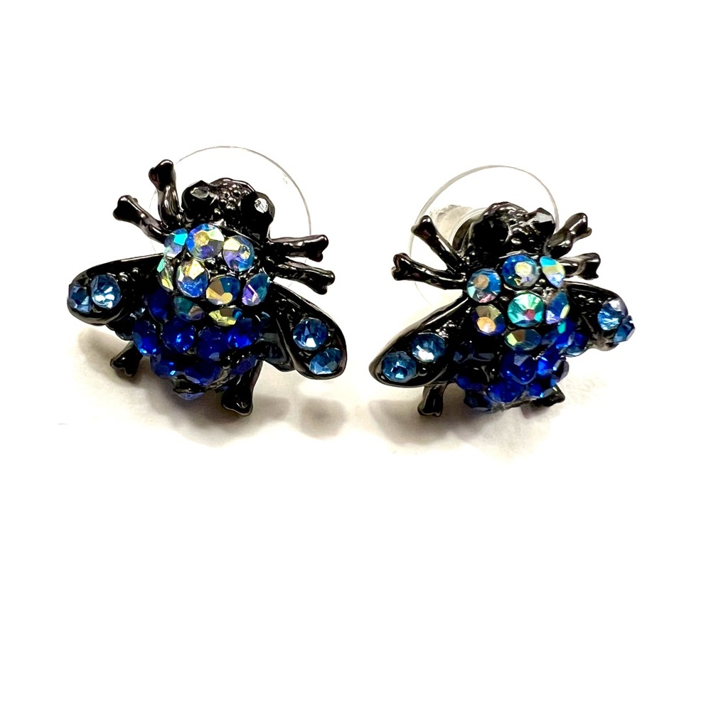 Vintage Blue Crystal Bee Pierced Earrings